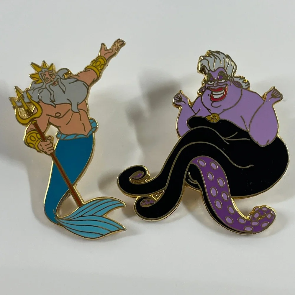 Disney The Little Mermaid King Triton Ursula Pin Set Vintage Gold Tone Enamel